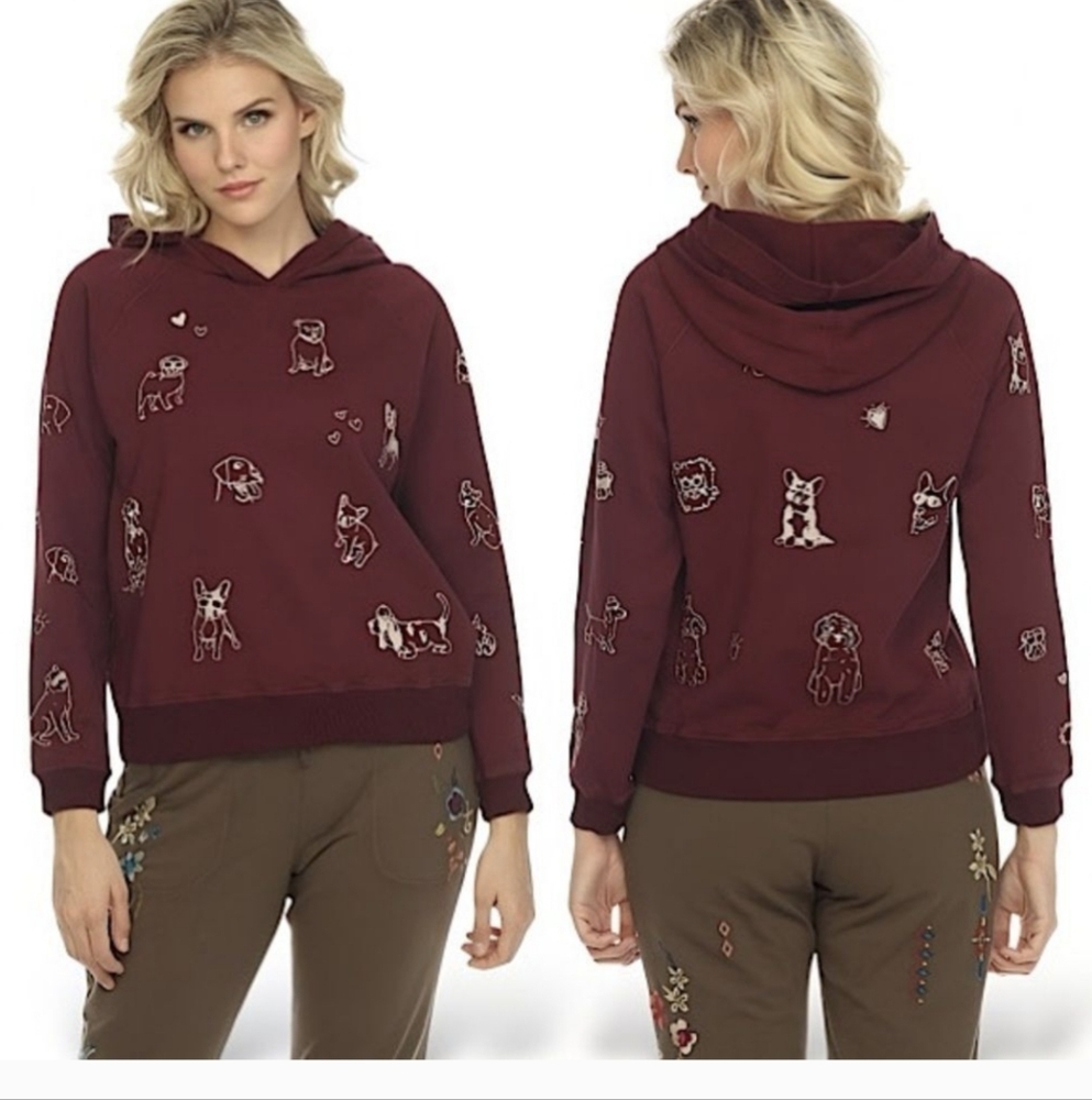 Johnny Was Tippi Embroidered Dog Hooded Sweatshirt Burgundy SZ.S
